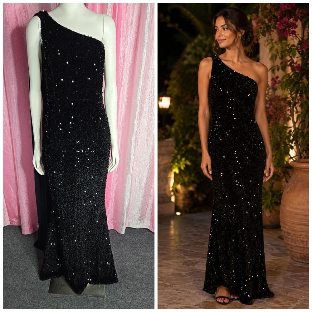 Faeriesty Black Sequin Glamorous One Shoulder Gown Formal Maxi Dress Size Large